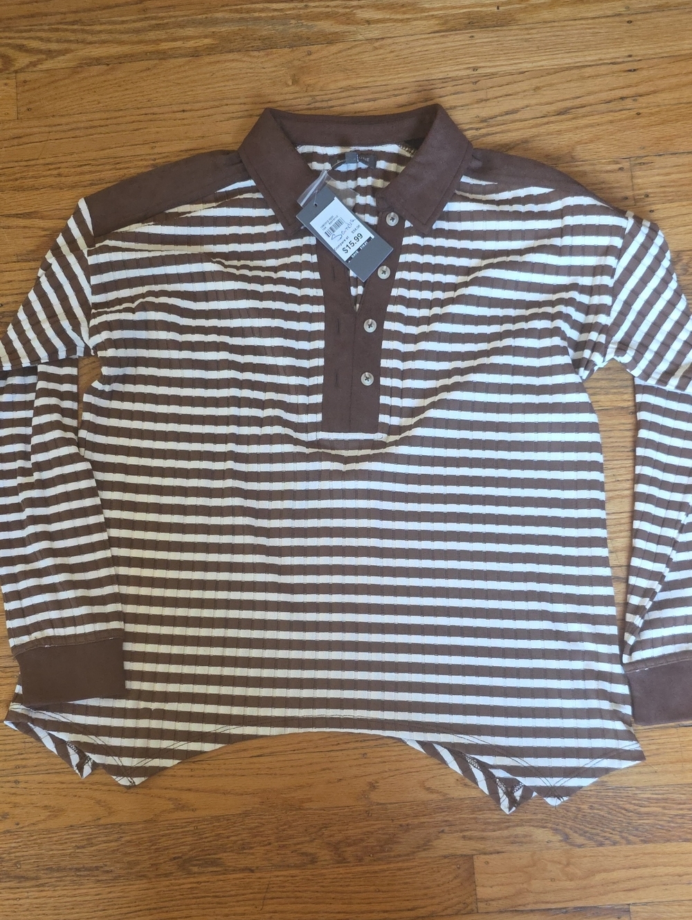 EAST of JUNE Brown and White Polo Henley Top Sz L!